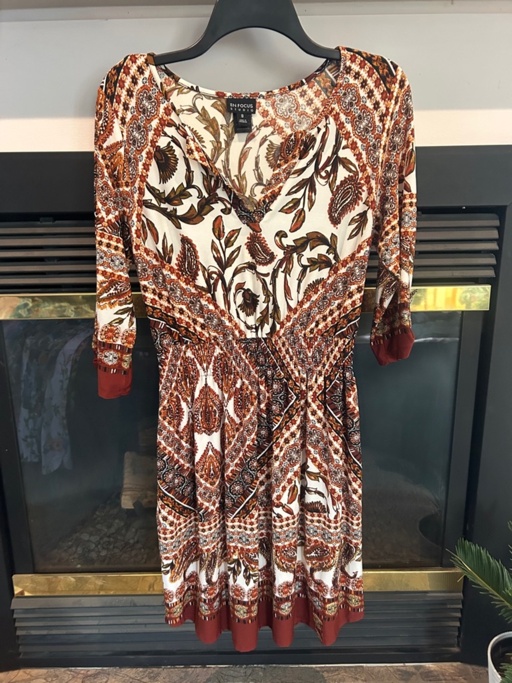 Enfocus Studio Rust and Cream Boho Floral V-Neck Dress